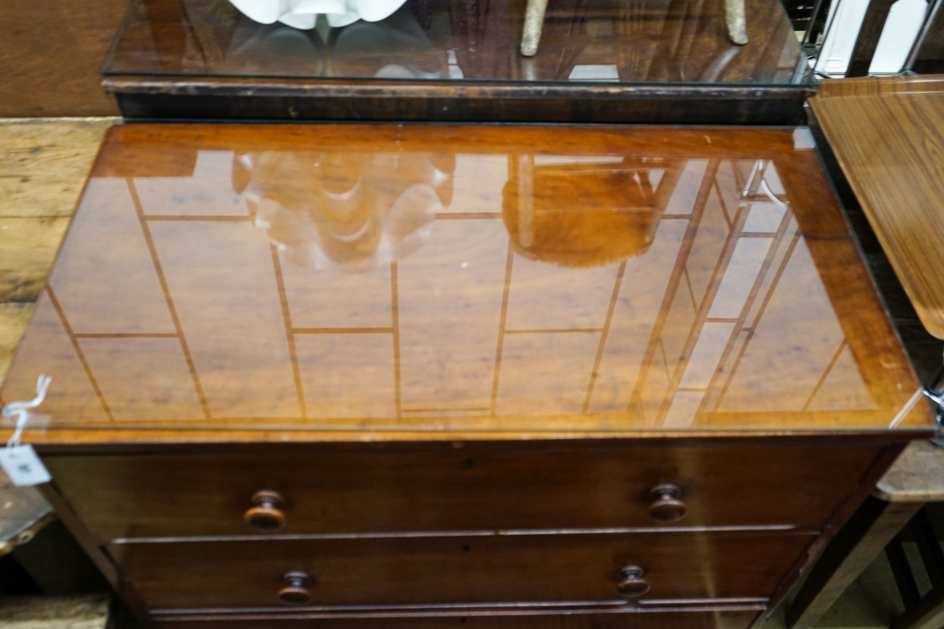 A Victorian mahogany three drawer chest, width 104cm, depth 53cm, height 98cm